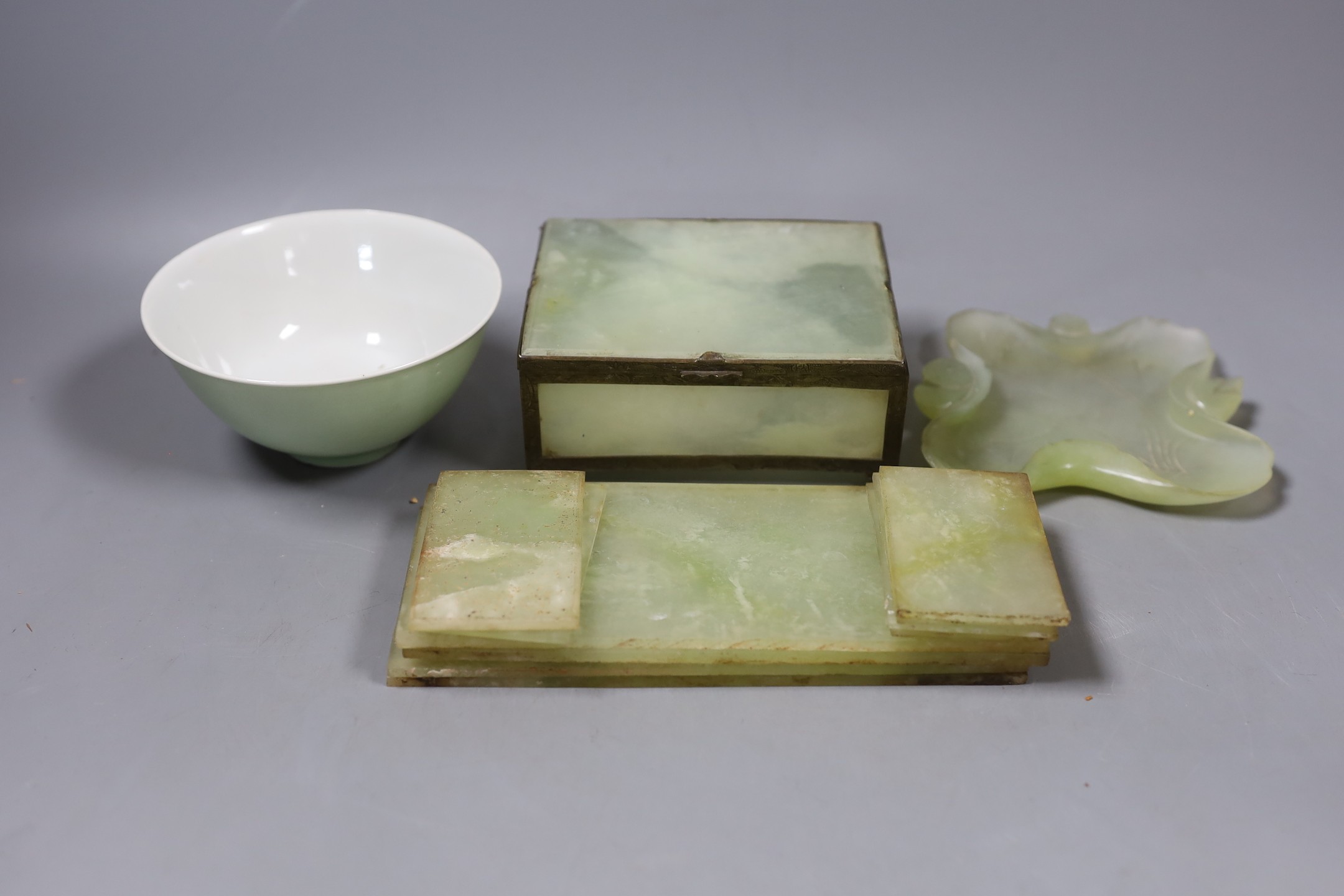 A group of Chinese bowenite jade items; a box, brushwasher etc and a porcelain bowl